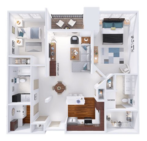 Floor plan for 2 beds, 2 baths, 1165 sqft